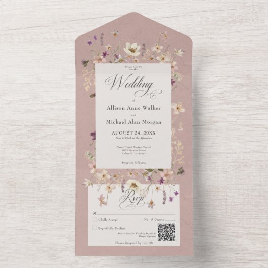 Invitation Tout En Un Code QR du cadre Fleur sauvage rose rustique (À l'intérieur)