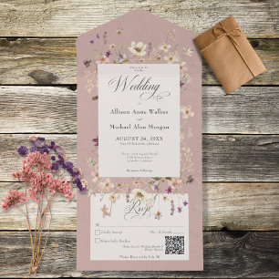 Invitation Tout En Un Code QR du cadre Fleur sauvage rose rustique