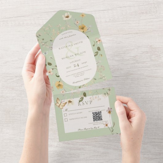 Invitation Tout En Un Code QR du cadre Fleur sauvage vert Sage (Déchirure)