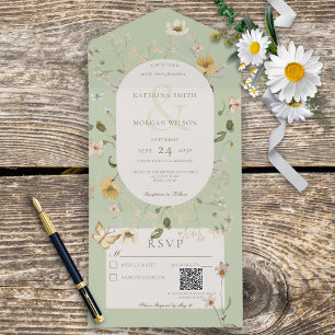 Invitation Tout En Un Code QR du cadre Fleur sauvage vert Sage