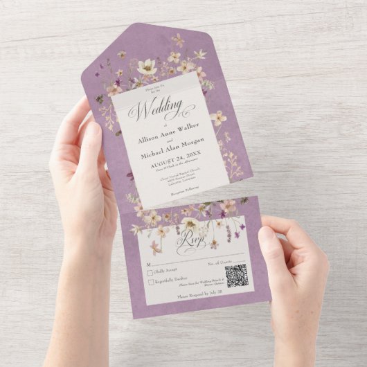 Invitation Tout En Un Code QR du cadre Fleur sauvage violet rustique (Déchirure)