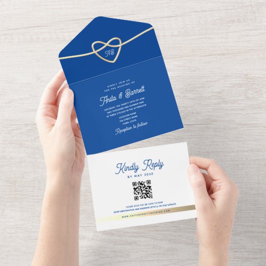 Invitation Tout En Un Code QR du Mariage bleu royal (Déchirure)