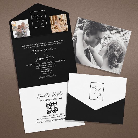 Invitation Tout En Un Code QR du Mariage de monogramme noir et blanc