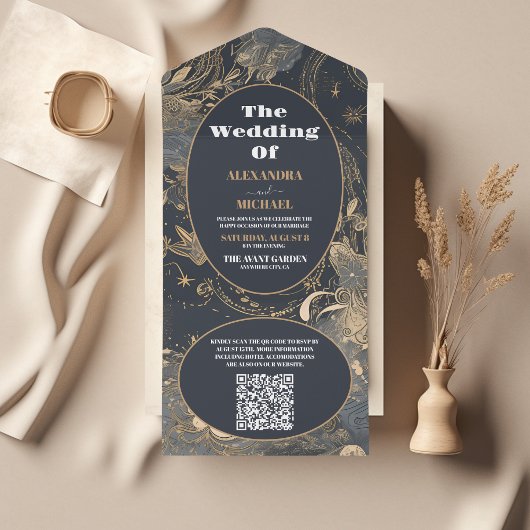 Invitation Tout En Un Code QR Élégant Argent Doré Mariage Céleste