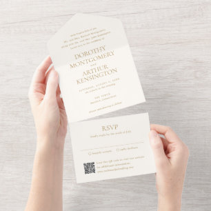 Invitation Tout En Un Code QR élégant de mariage Ivoire et Or Moderne