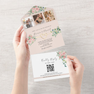 Invitation Tout En Un Code QR Élégant Floral Photo Mariage