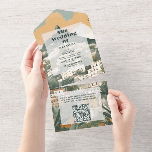 Invitation Tout En Un Code QR Élégant Italie Capri Destination Mariage (Déchirure)