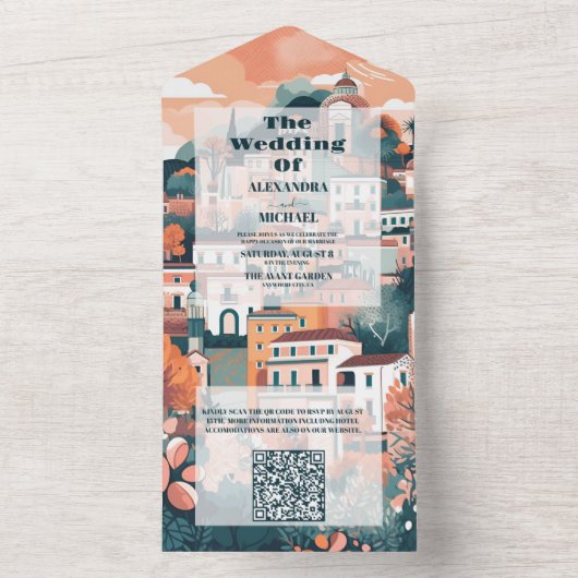 Invitation Tout En Un Code QR Élégant Italie Capri Destination Mariage (À l'intérieur)