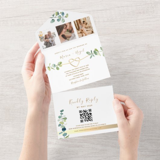 Invitation Tout En Un Code QR Elégant Mariage Eucalyptus (Déchirure)