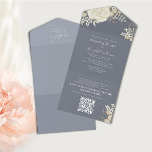 Invitation Tout En Un Code QR Élégant Mariage Floral Bleu Blanc