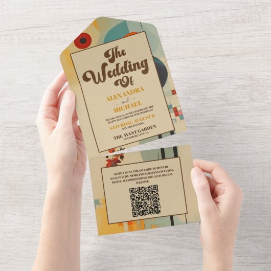 Invitation Tout En Un Code QR Élégant Mariage floral du milieu du siècle (Déchirure)
