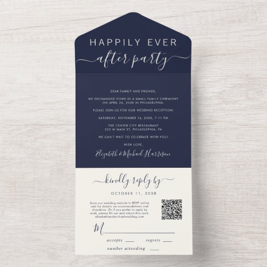 Invitation Tout En Un Code QR élégant Réception de mariage bleu marine (À l'intérieur)