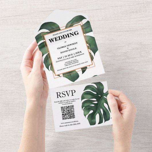 Invitation Tout En Un Code QR Feuille Monstera verte (Déchirure)