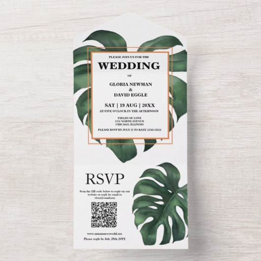 Invitation Tout En Un Code QR Feuille Monstera verte (À l'intérieur)