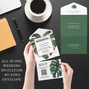 Invitation Tout En Un Code QR Feuille Monstera verte
