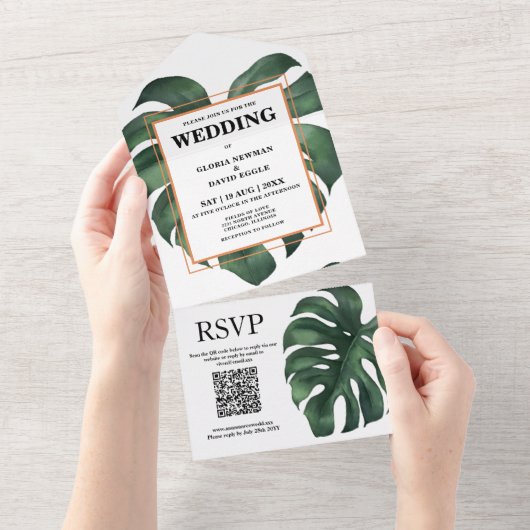 Invitation Tout En Un Code QR Feuille Monstera verte (Déchirure)