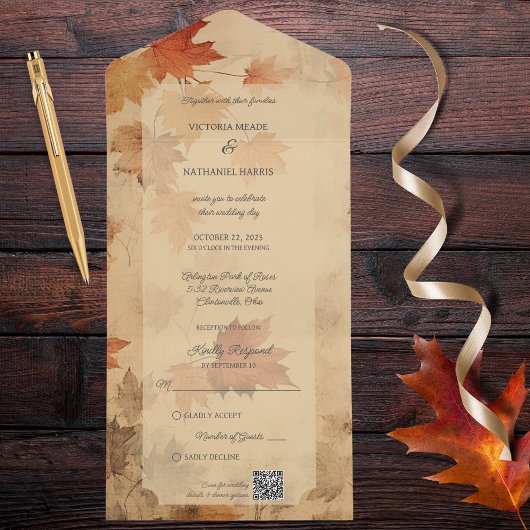Invitation Tout En Un Code QR Feuilles d'Automne Rustiques