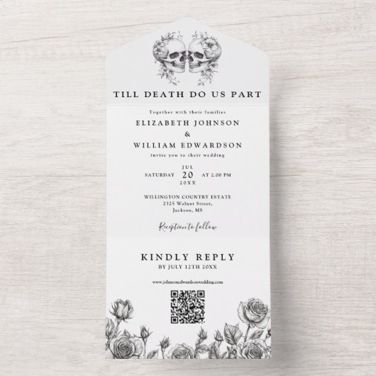 Invitation Tout En Un Code QR Fleurs de mortel Mariage gothique (À l'intérieur)