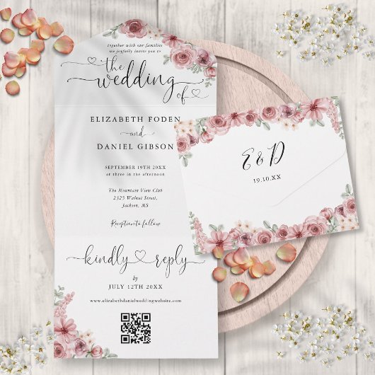 Invitation Tout En Un Code QR Fleurs Rose Poussiéreuse Écriture Cœurs Ma