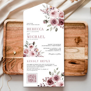 Invitation Tout En Un Code QR Fleurs Rose Poussiéreuse Mariage