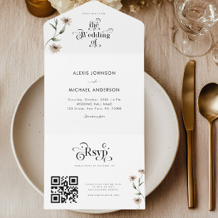 Invitation Tout En Un Code QR Fleurs Sauvages Typographie Rétro Boho Bla