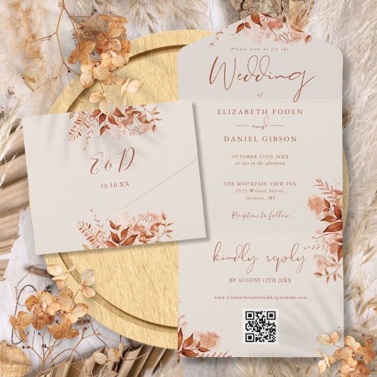 Invitation Tout En Un Code QR Floral Automne Rustique Mariage