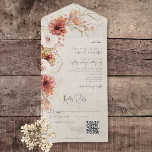 Invitation Tout En Un Code QR Floral Burling Orange & Cream Boho