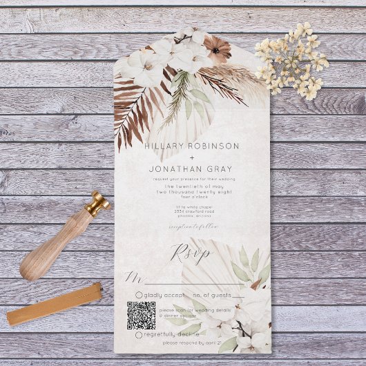 Invitation Tout En Un Code QR floral de Boho neutre moderne