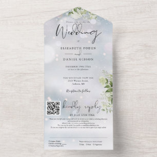 Invitation Tout En Un Code QR Floral de Verdure d'Hiver Mariage