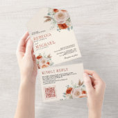 Invitation Tout En Un Code QR Floral Ivoire Orange Brûlé Mariage (Déchirure)