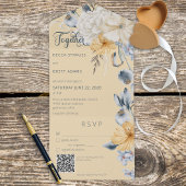 Invitation Tout En Un Code QR Floral Jaune Blanc & Bleu Rustique