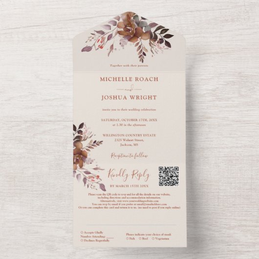 Invitation Tout En Un Code QR floral rustique Mariage automnal (À l'intérieur)