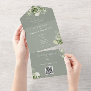 Invitation Tout En Un Code QR Floral Végétal Mariage Vert Sauge