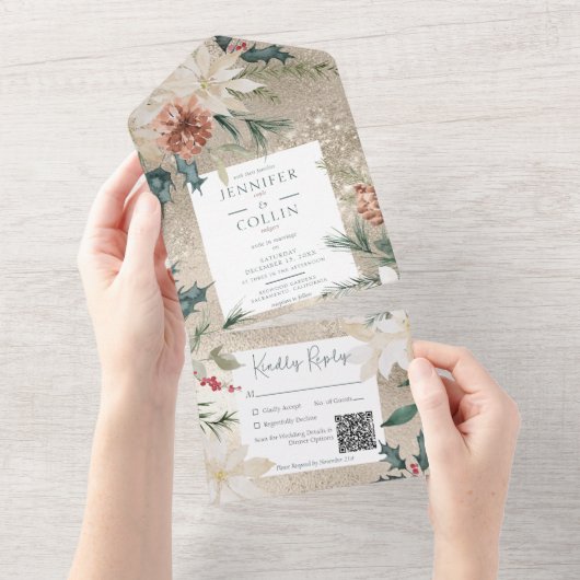 Invitation Tout En Un Code QR Gold Pine & Berries (Déchirure)