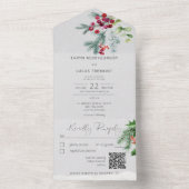 Invitation Tout En Un Code QR gris neige et baies de pin d'hiver moderne (À l'intérieur)