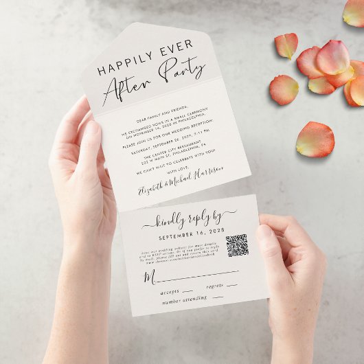 Invitation Tout En Un Code QR Happily Ever After Crème Mariage Réception