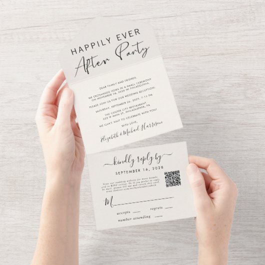 Invitation Tout En Un Code QR Happily Ever After Crème Mariage Réception (Déchirure)