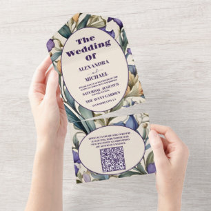Invitation Tout En Un Code QR Iris Violet Art Nouveau Mariage