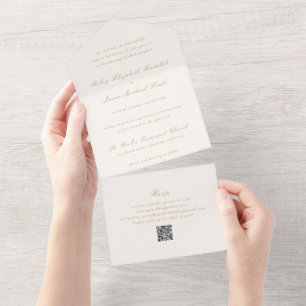 Invitation Tout En Un Code QR Ivoire et Or Propre Mariage Élégant