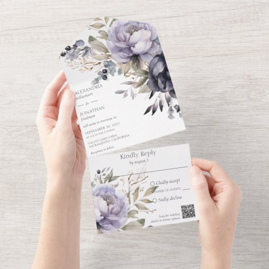 Invitation Tout En Un Code QR Lavender et Black Peonies (Déchirure)