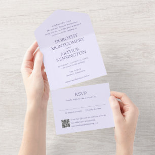 Invitation Tout En Un Code QR lilas moderne élégant de mariage