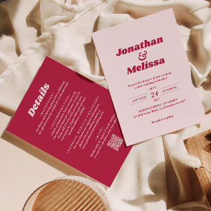 Invitation Tout en un Code QR Magenta Viva Retro Gras Mariage