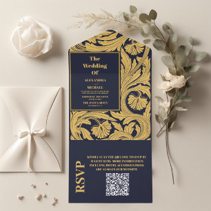 Invitation Tout En Un Code QR Mariage Art Nouveau Bleu Classique