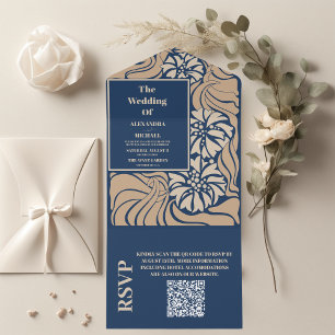 Invitation Tout En Un Code QR Mariage Art Nouveau Bleu Classique