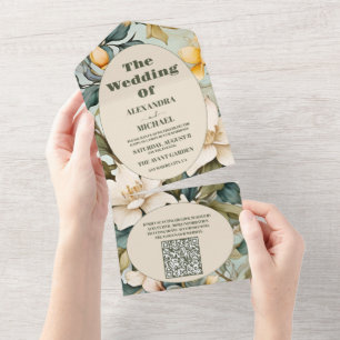 Invitation Tout En Un Code QR Mariage Art nouveau Fleur de Lys Aquarelle