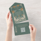 Invitation Tout En Un Code QR Mariage Art Nouveau Vert (Déchirure)