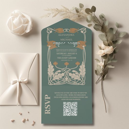 Invitation Tout En Un Code QR Mariage Art Nouveau Vert