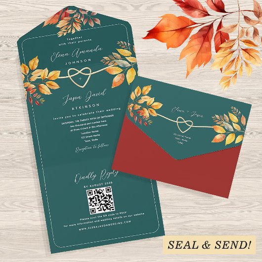 Invitation Tout En Un Code QR Mariage Automne Sarcelle