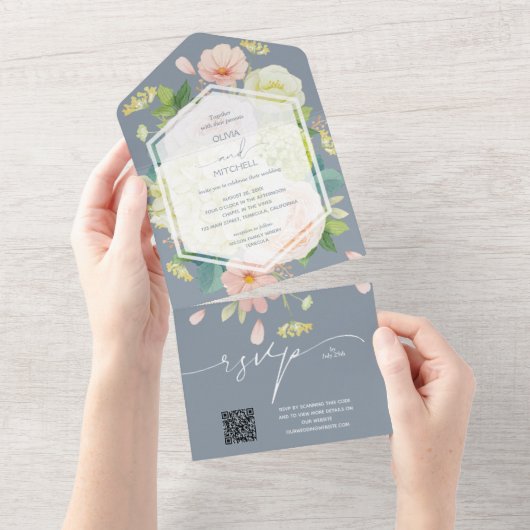 Invitation Tout En Un Code QR Mariage bleu Dusty (Déchirure)