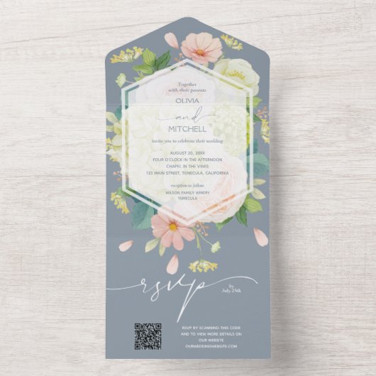 Invitation Tout En Un Code QR Mariage bleu Dusty (À l'intérieur)